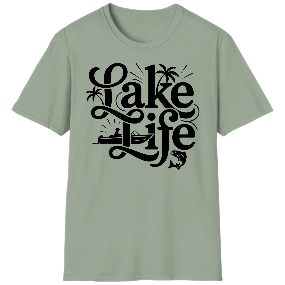 Lake Life Typography Design T-Shirt in Sage