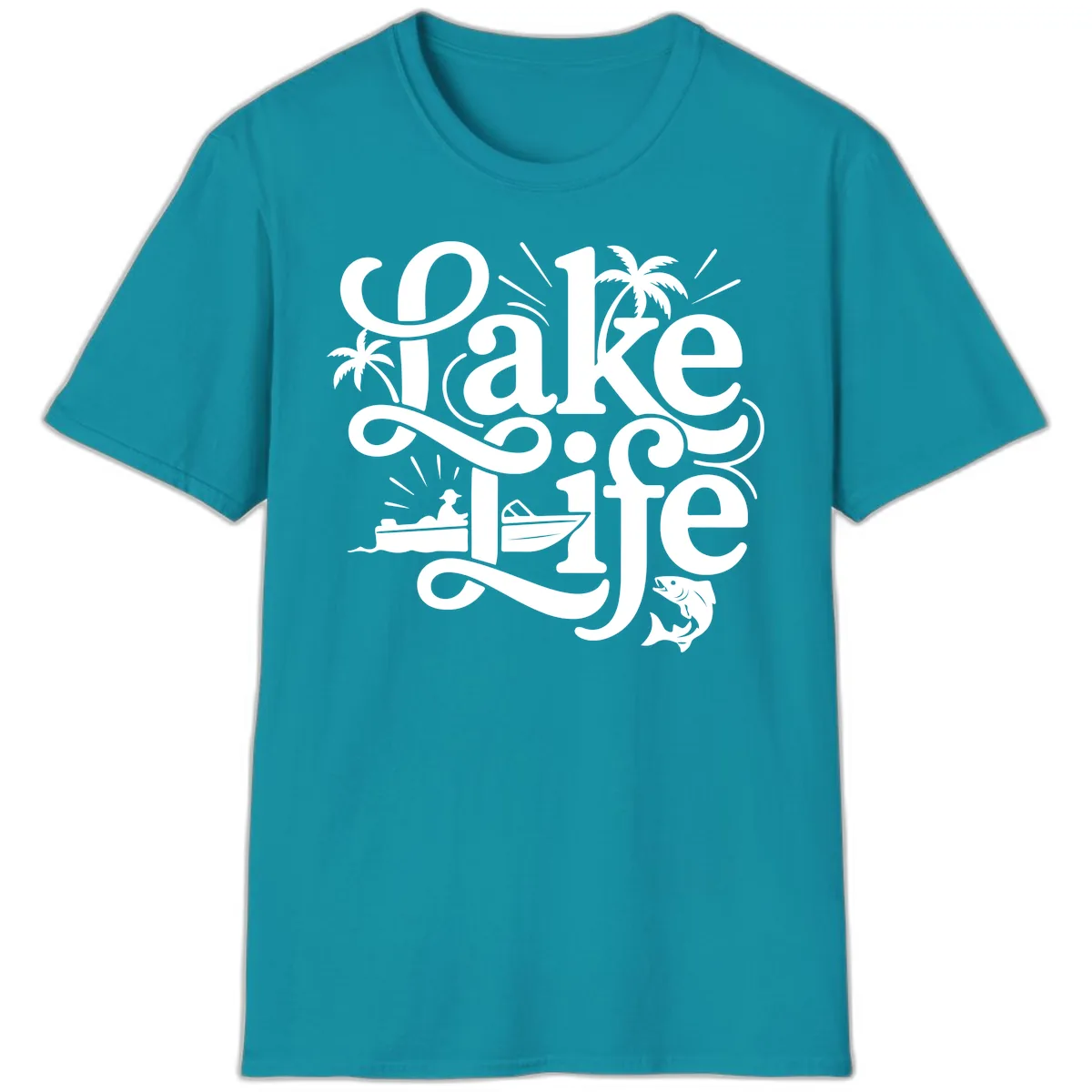 Lake Life Typography Design T-Shirt in Tropical Blue