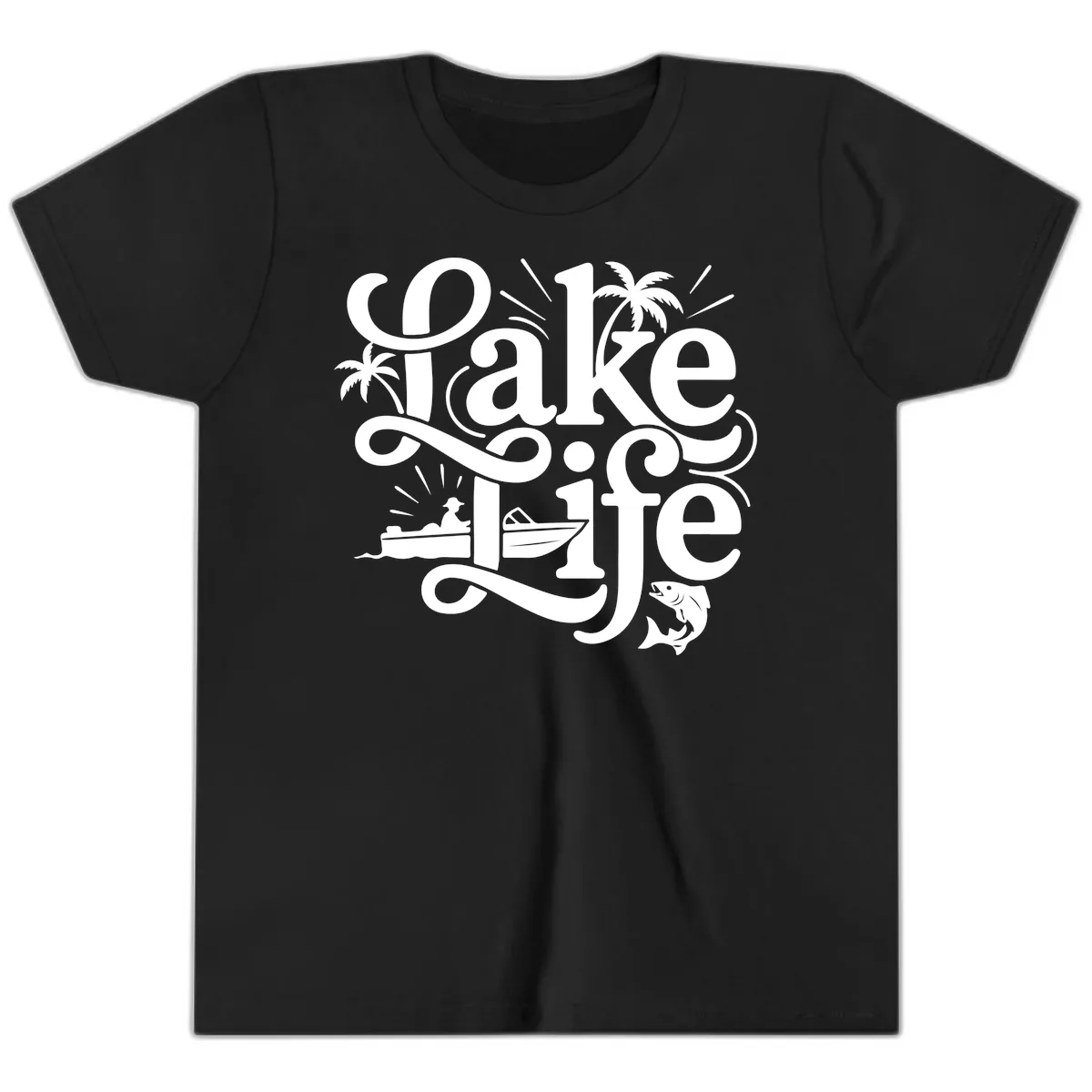 Lake Life Typography Design Youth T-Shirt in Black