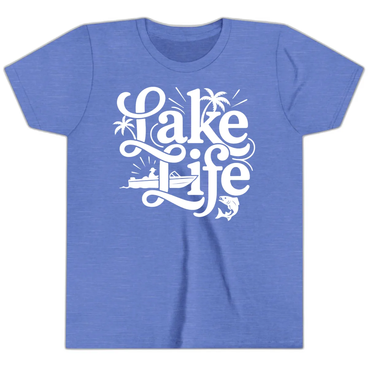 Lake Life Typography Design Youth T-Shirt in Heather Columbia Blue