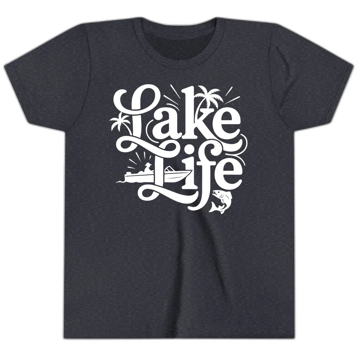 Lake Life Typography Design Youth T-Shirt in Heather Navy