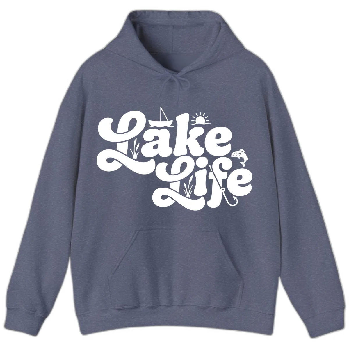 Lake Life Retro Script Design Hoodie in Heather Navy