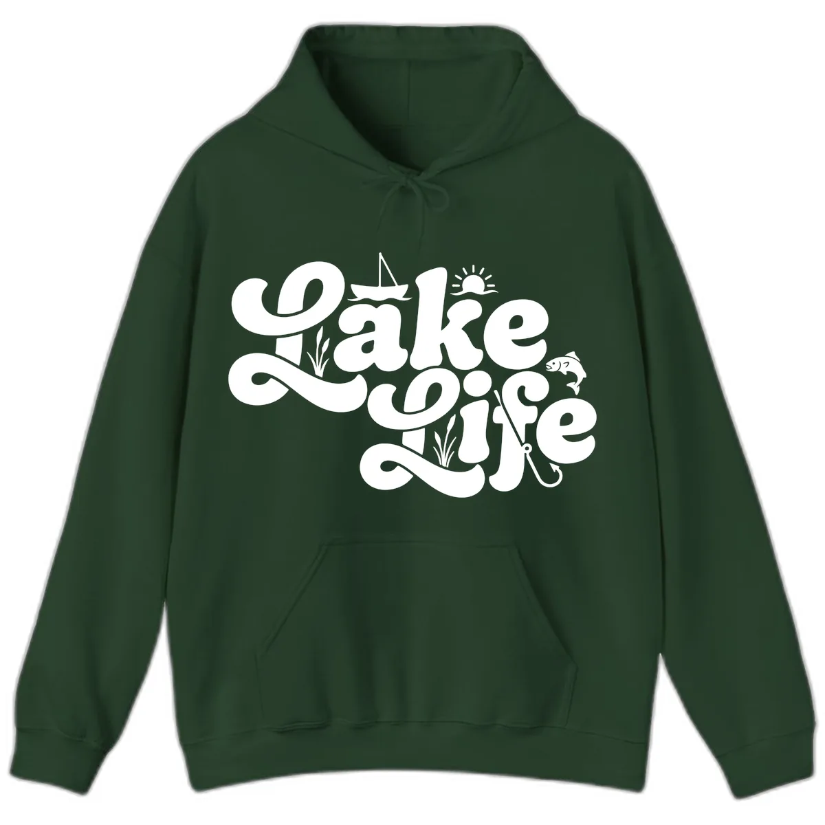Lake Life Retro Script Design Hoodie in Forest Green