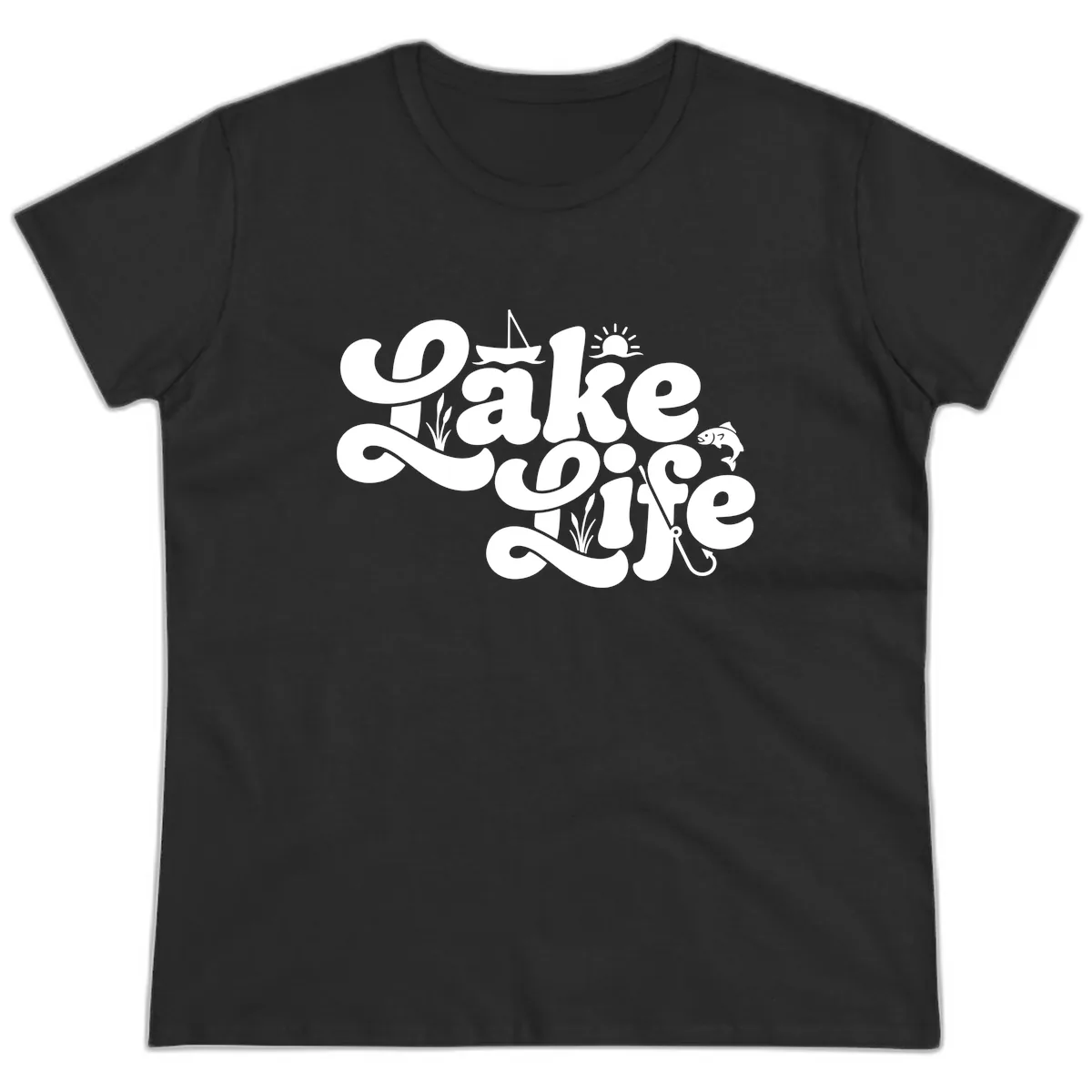 Lake Life Retro Script Design Ladies Tee in Black