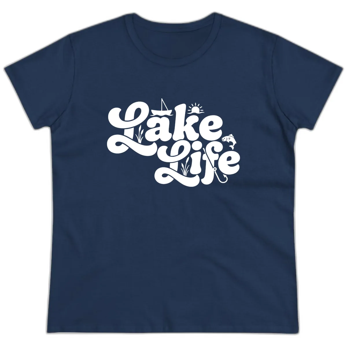 Lake Life Retro Script Design Ladies Tee in Navy