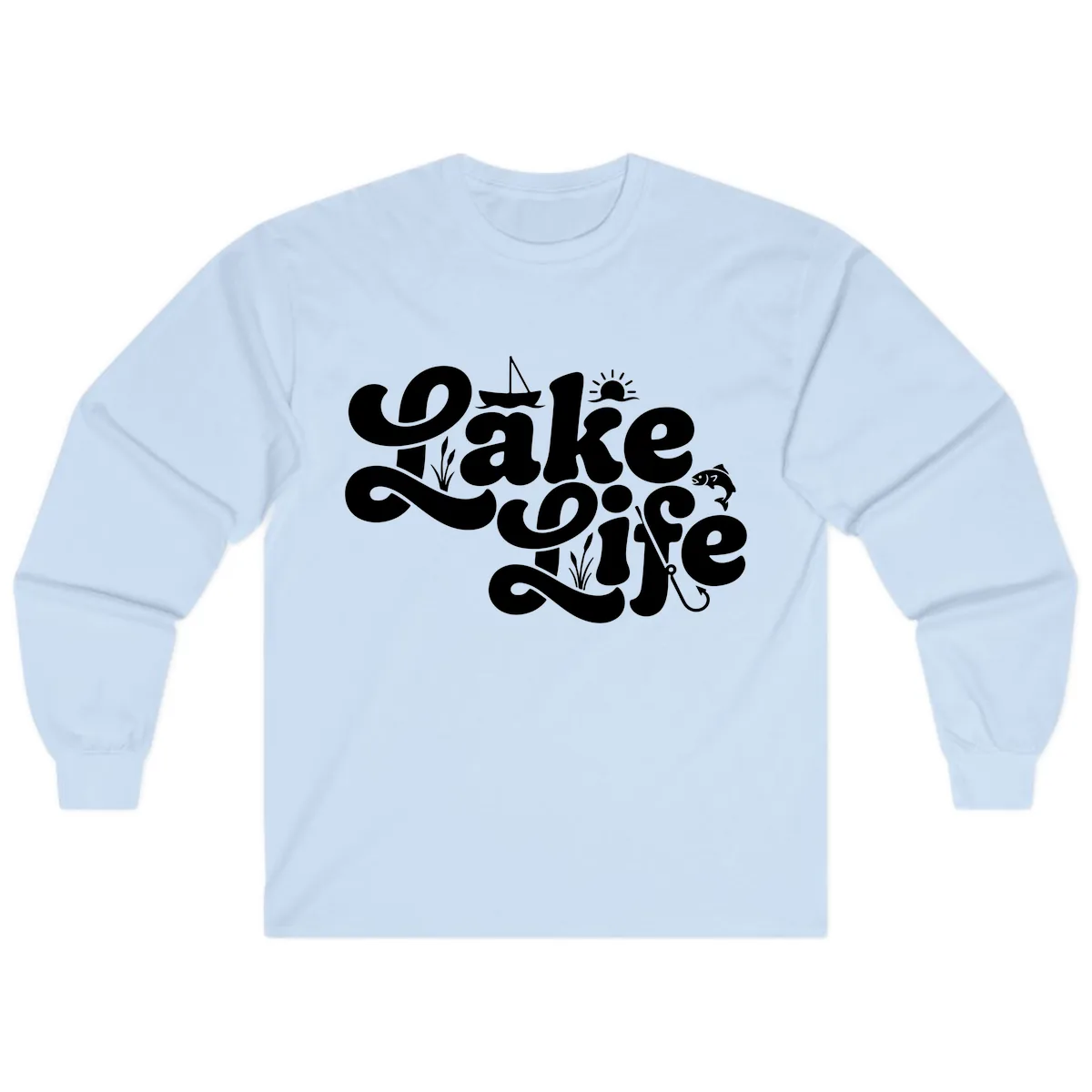 Lake Life Retro Script Design Long Sleeve in Light Blue