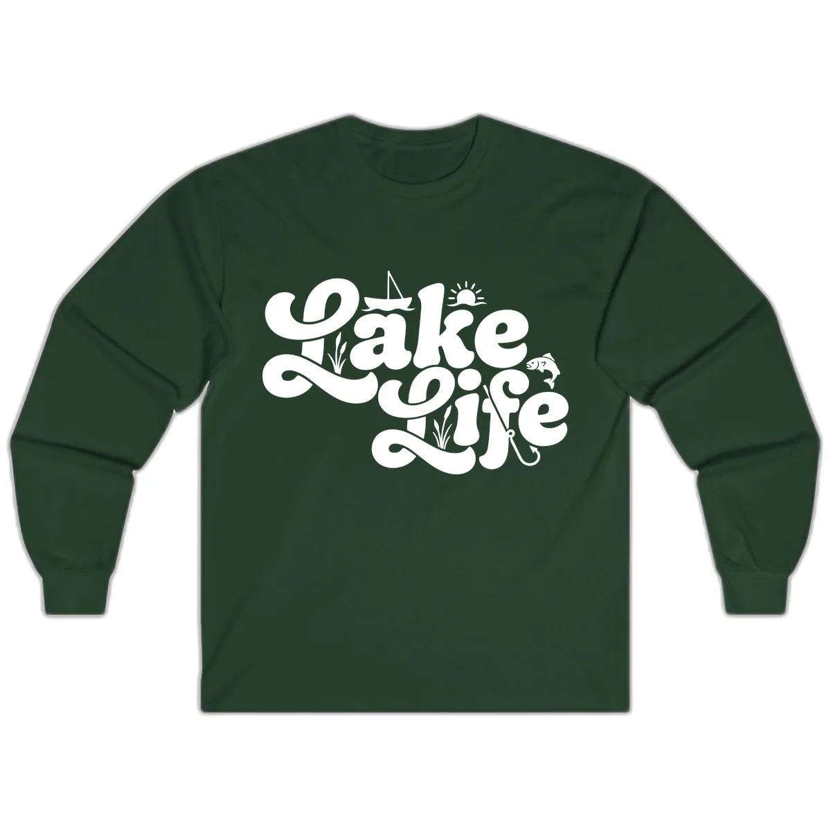 Lake Life Retro Script Design Long Sleeve in Forest Green