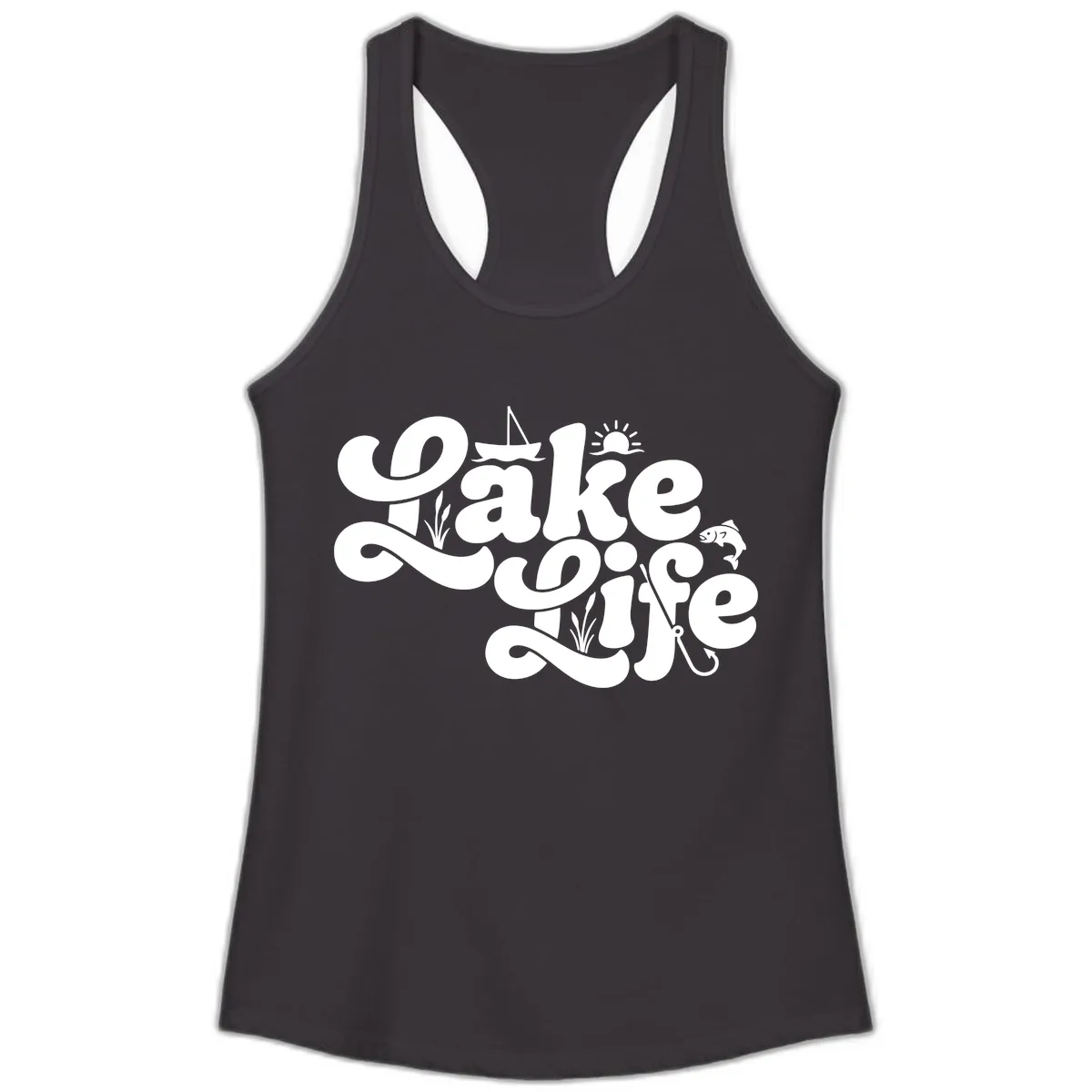 Lake Life Retro Script Design Ladies Tank in Black