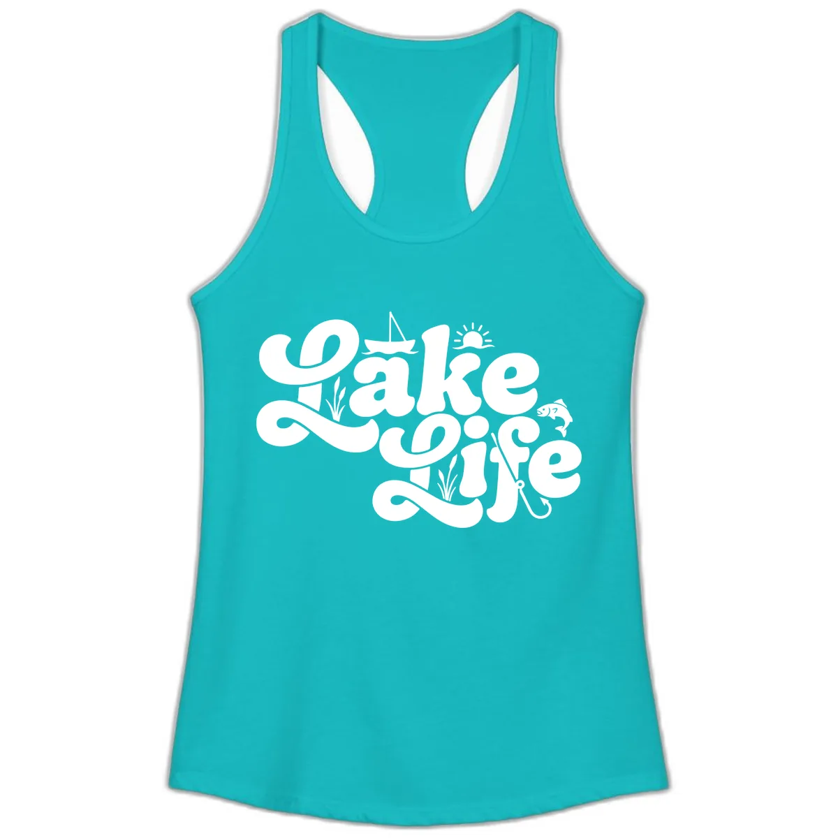 Lake Life Retro Script Design Ladies Tank in Tahiti Blue