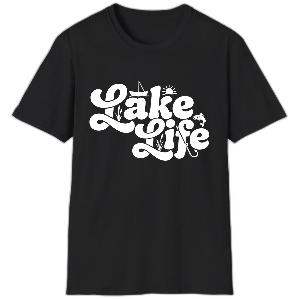 Lake Life Retro Script Design T-Shirt in Black