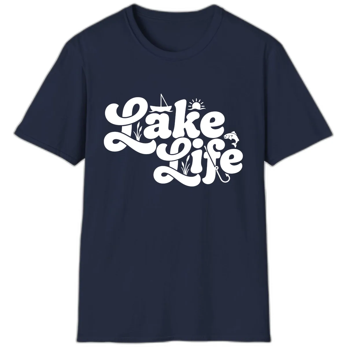 Lake Life Retro Script Design T-Shirt in Navy