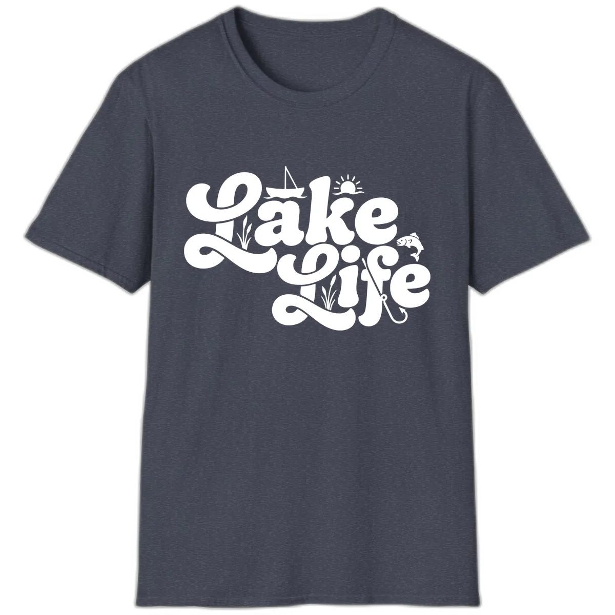 Lake Life Retro Script Design T-Shirt in Heather Navy