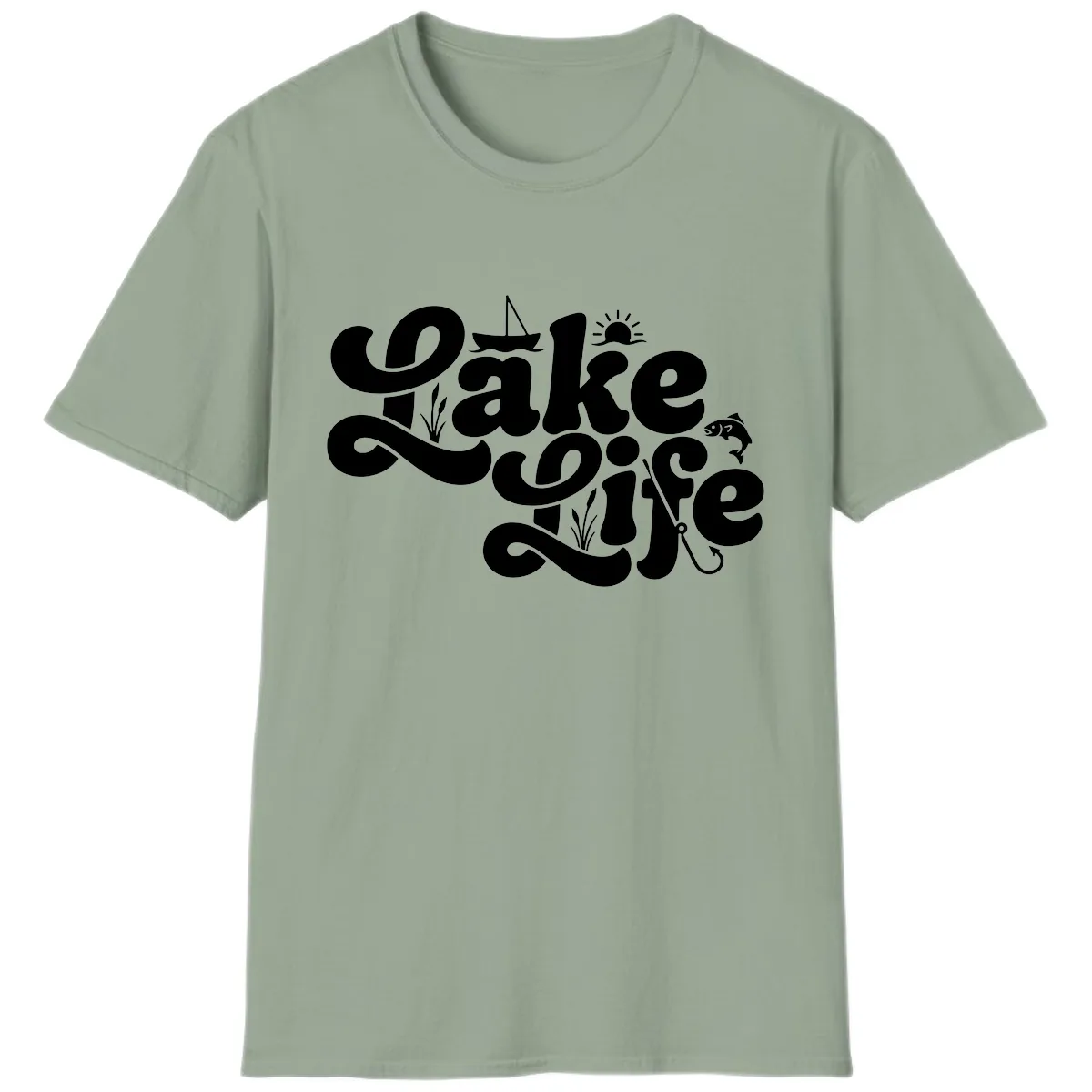 Lake Life Retro Script Design T-Shirt in Sage