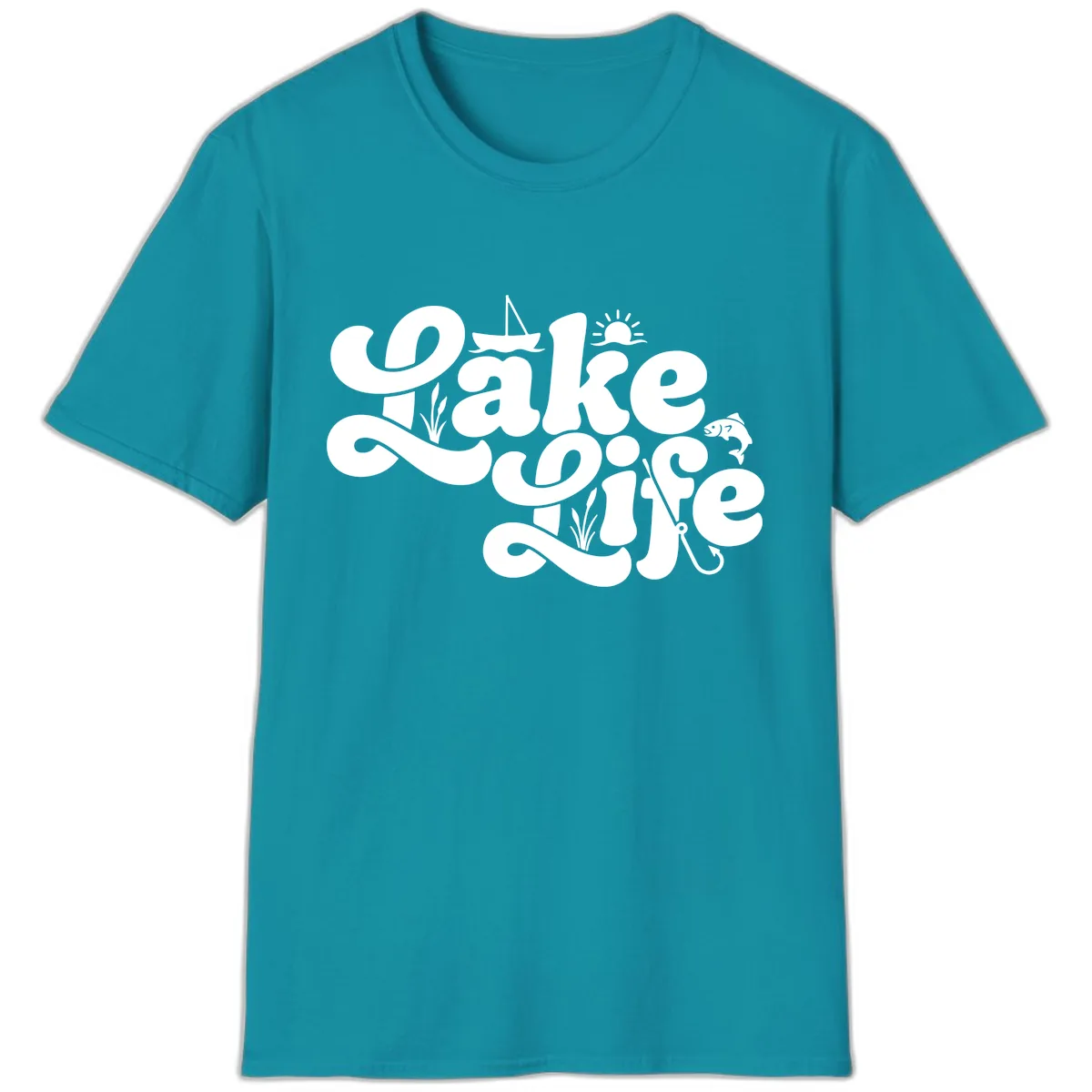 Lake Life Retro Script Design T-Shirt in Tropical Blue