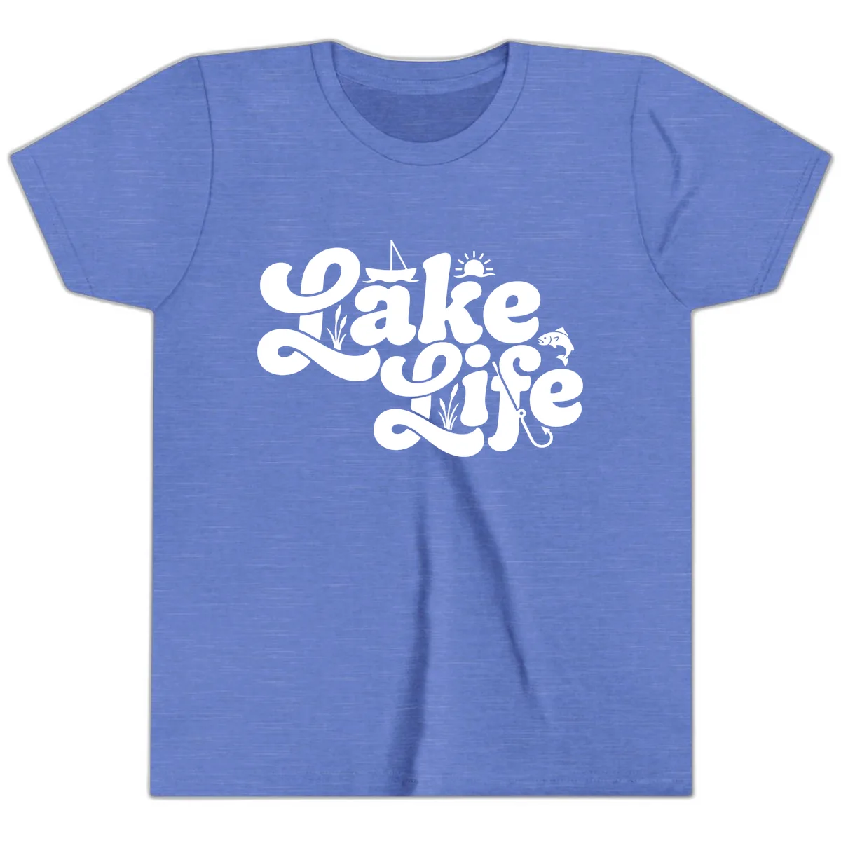 Lake Life Retro Script Design Youth T-Shirt in Heather Columbia Blue