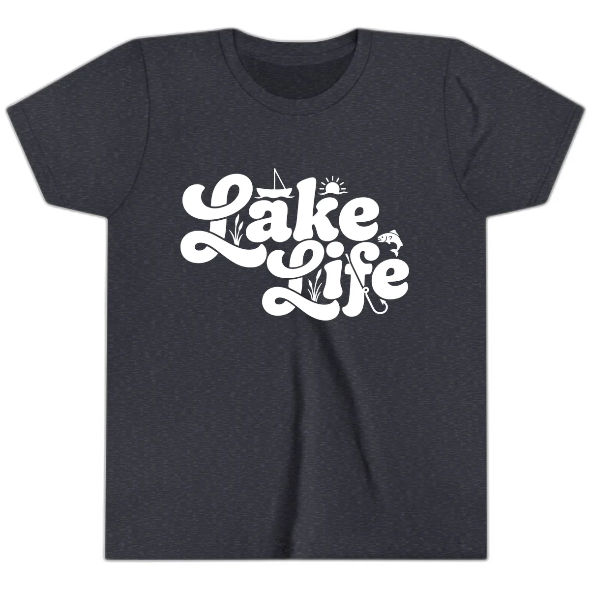 Lake Life Retro Script Design Youth T-Shirt in Heather Navy