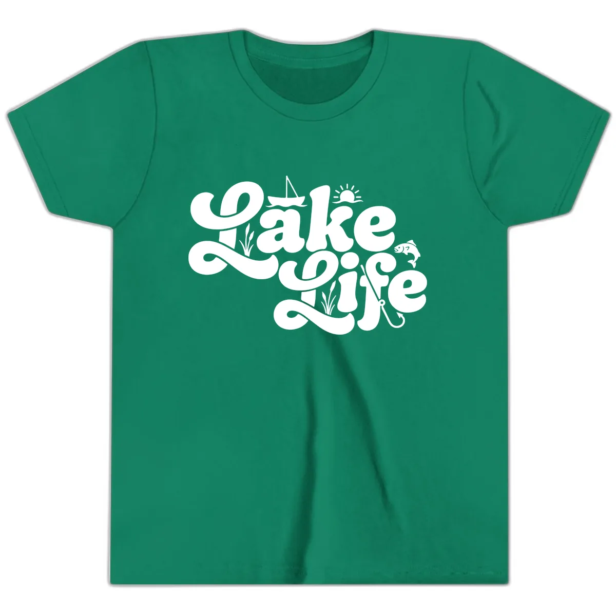 Lake Life Retro Script Design Youth T-Shirt in Kelly