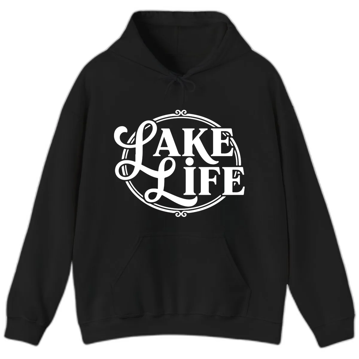 Lake Life Typography Design Hoodie in Black