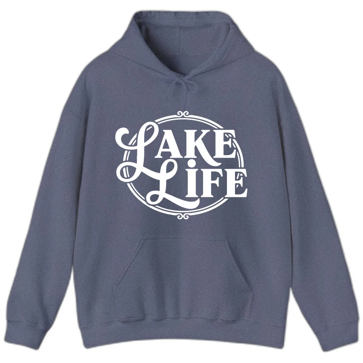 Lake Life Typography Design Hoodie in Heather Navy