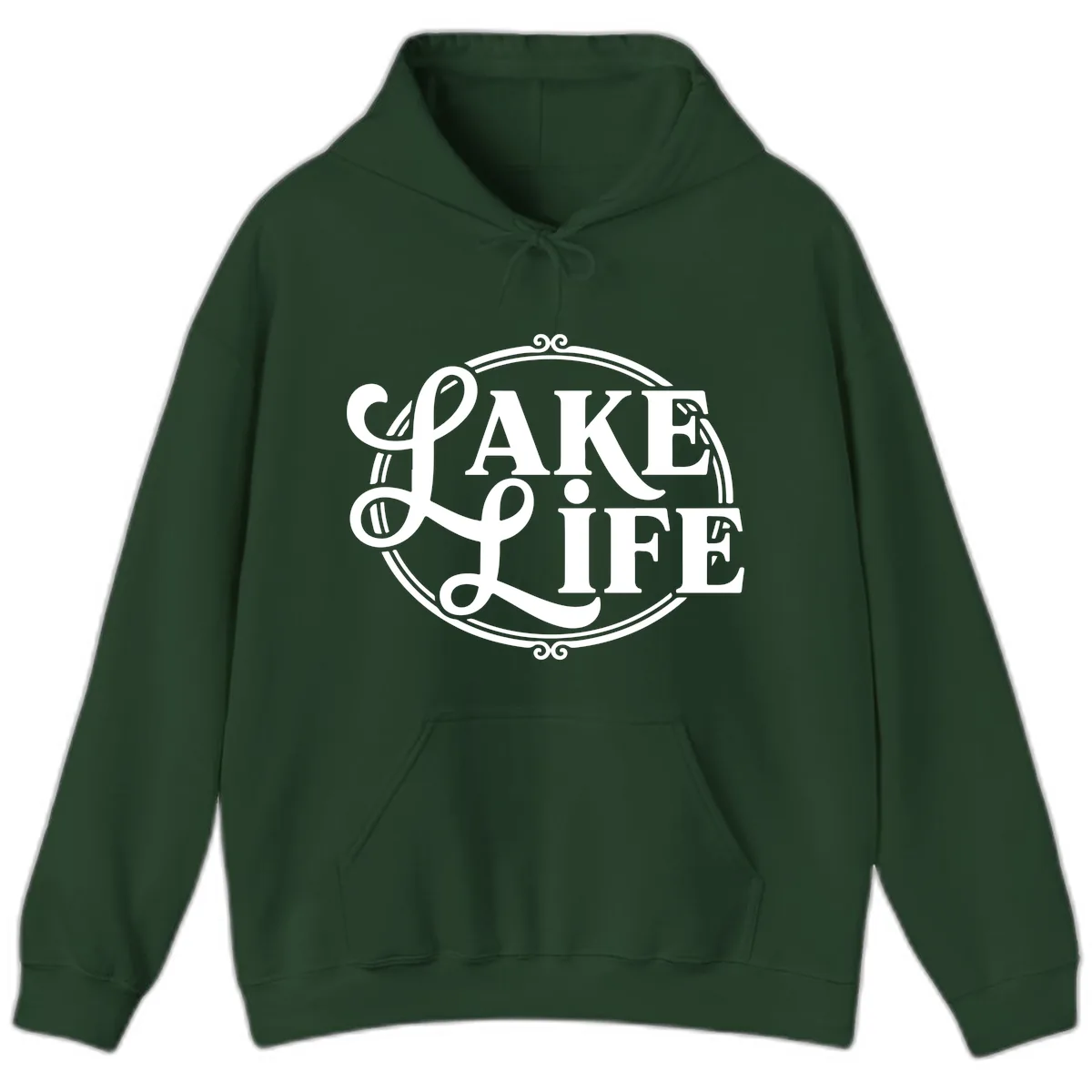 Lake Life Typography Design Hoodie in Forest Green