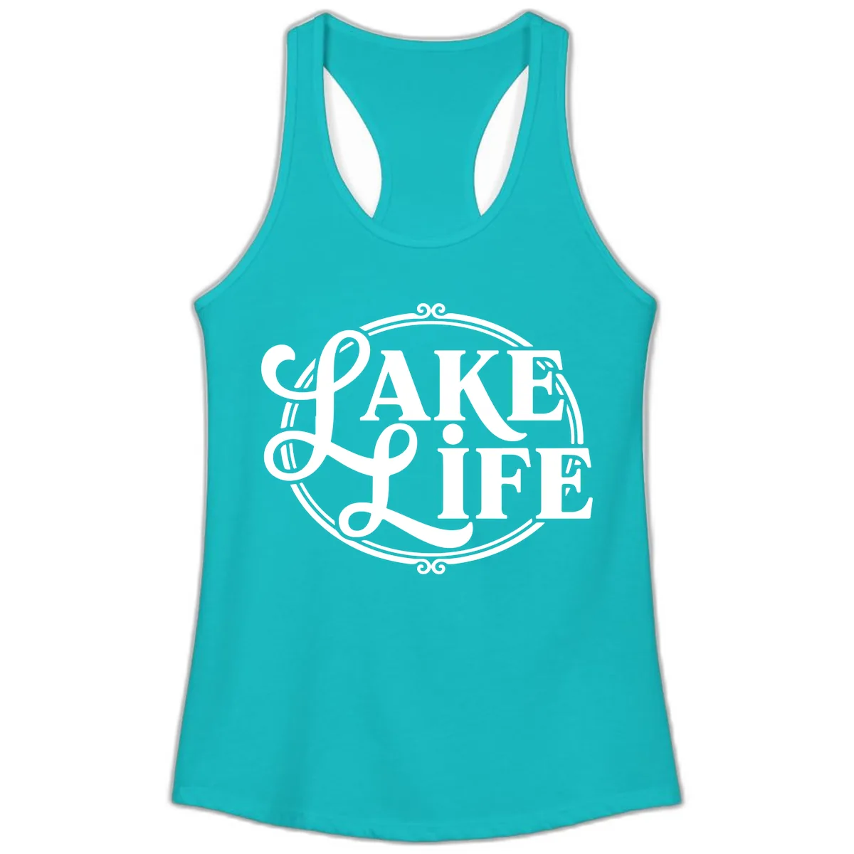 Lake Life Typography Design Ladies Tank in Tahiti Blue