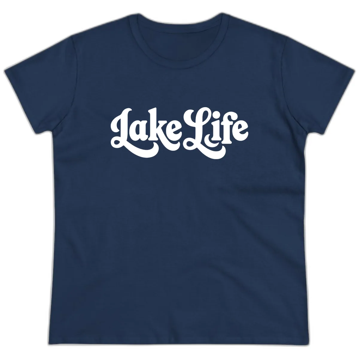 Retro Lake Life Script Design Ladies Tee in Navy
