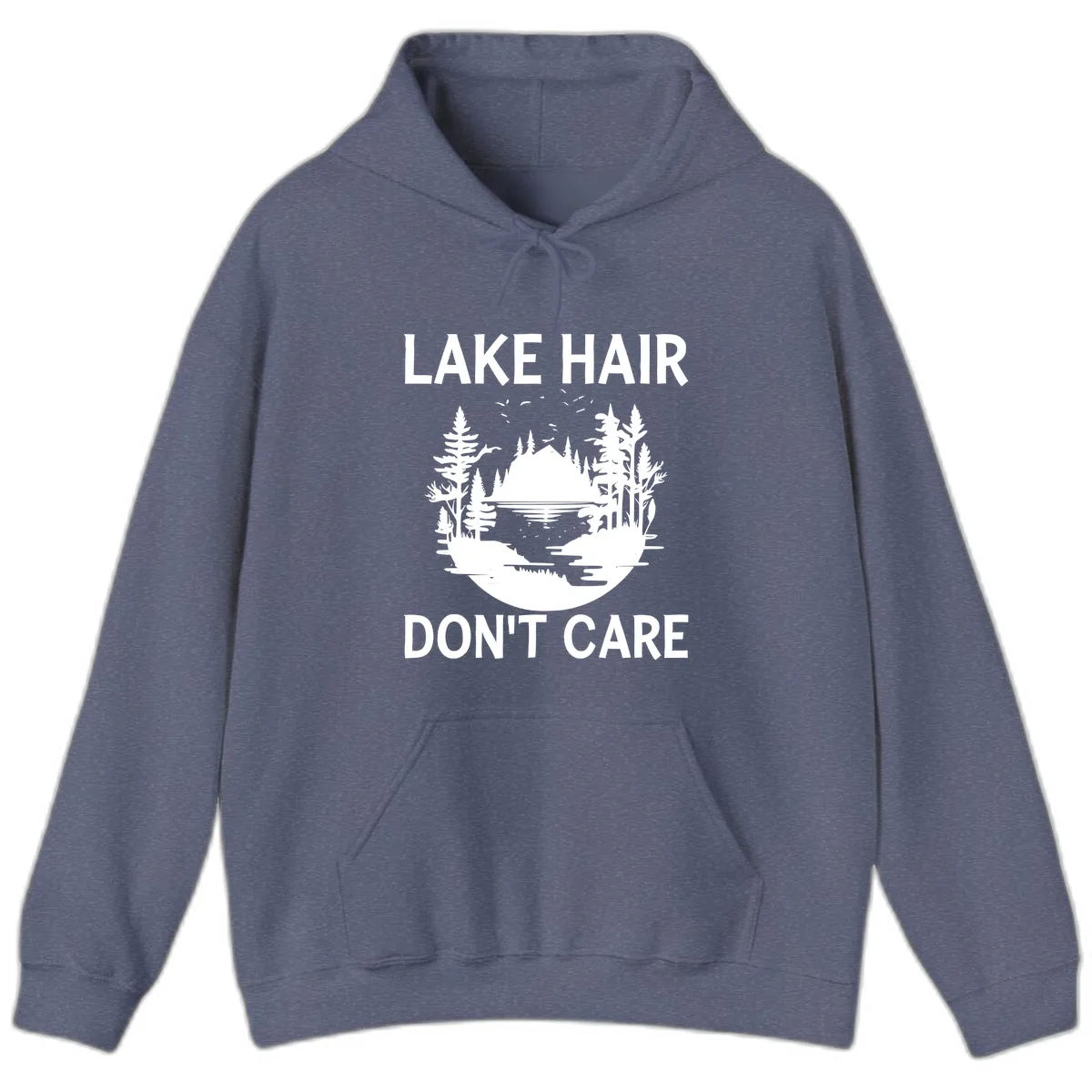 Lake Hair Don't Care Nature Scene Hoodie in Heather Navy