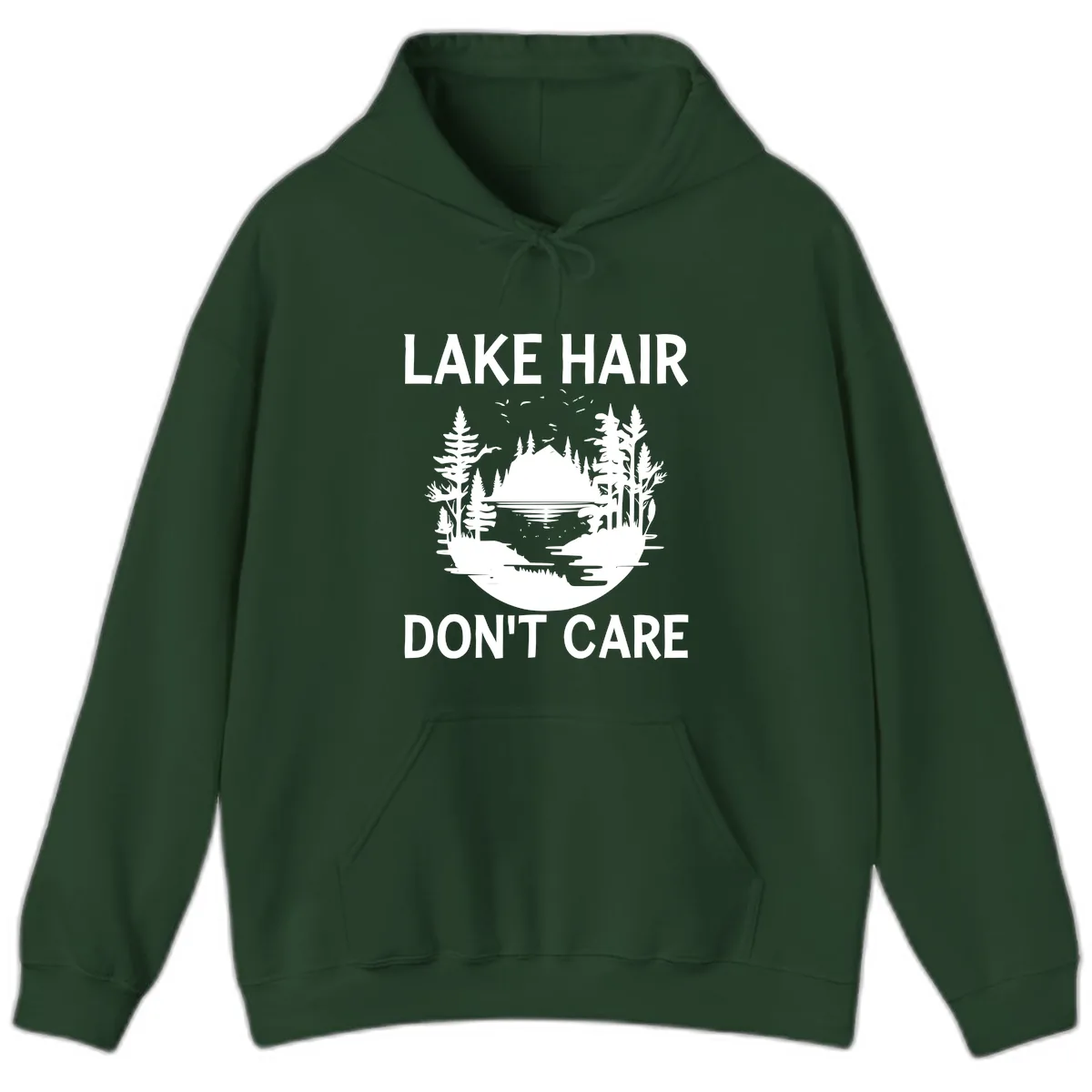 Lake Hair Don't Care Nature Scene Hoodie in Forest Green