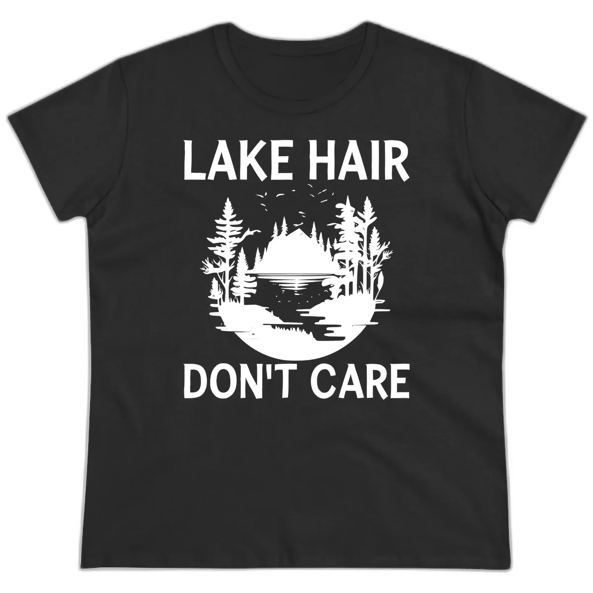 Lake Hair Don't Care Nature Scene Ladies Tee in Black