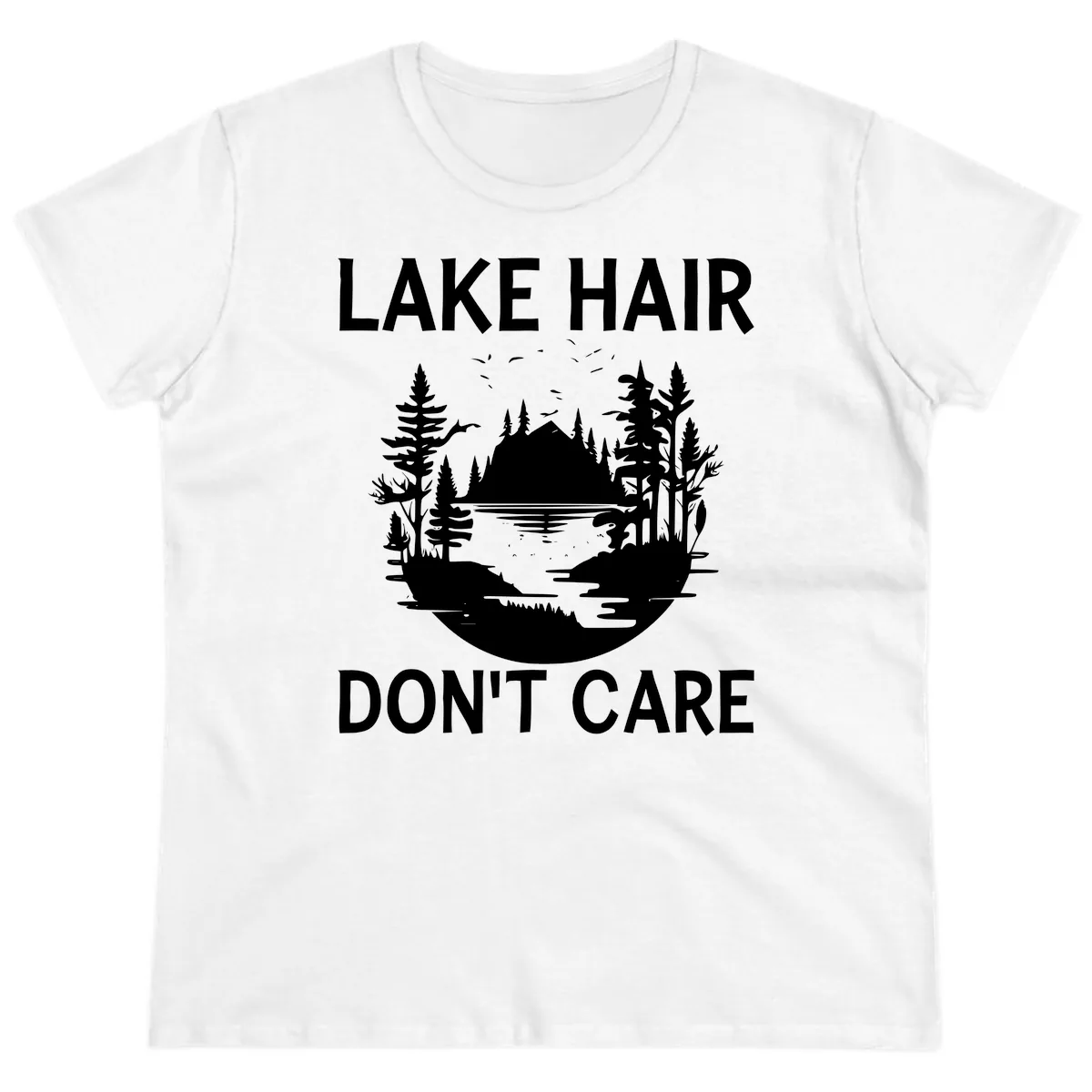 Lake Hair Don't Care Nature Scene Ladies Tee in White