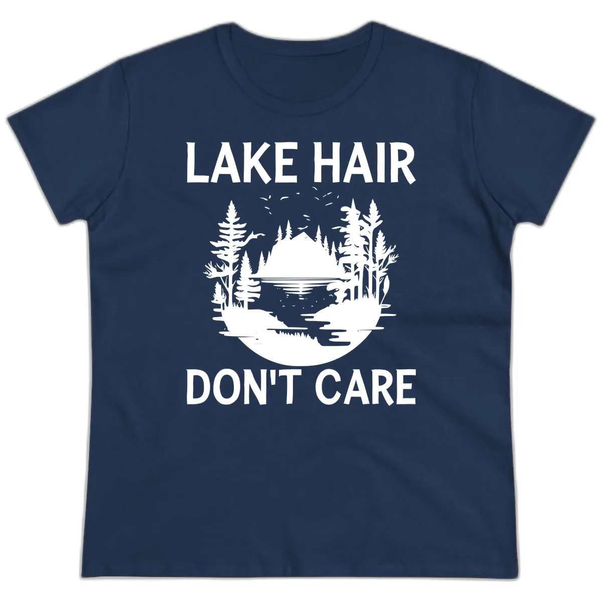 Lake Hair Don't Care Nature Scene Ladies Tee in Navy