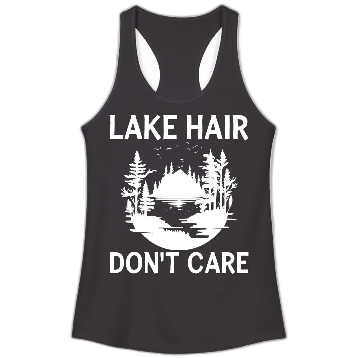 Lake Hair Don't Care Nature Scene Ladies Tank in Black