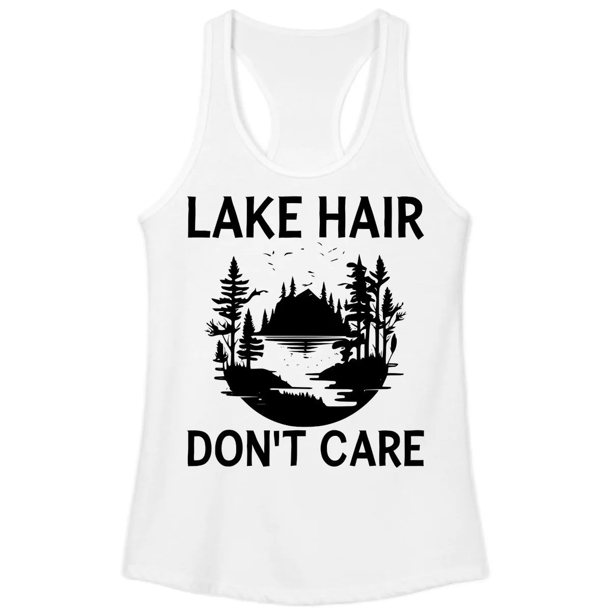 Lake Hair Don't Care Nature Scene Ladies Tank in White