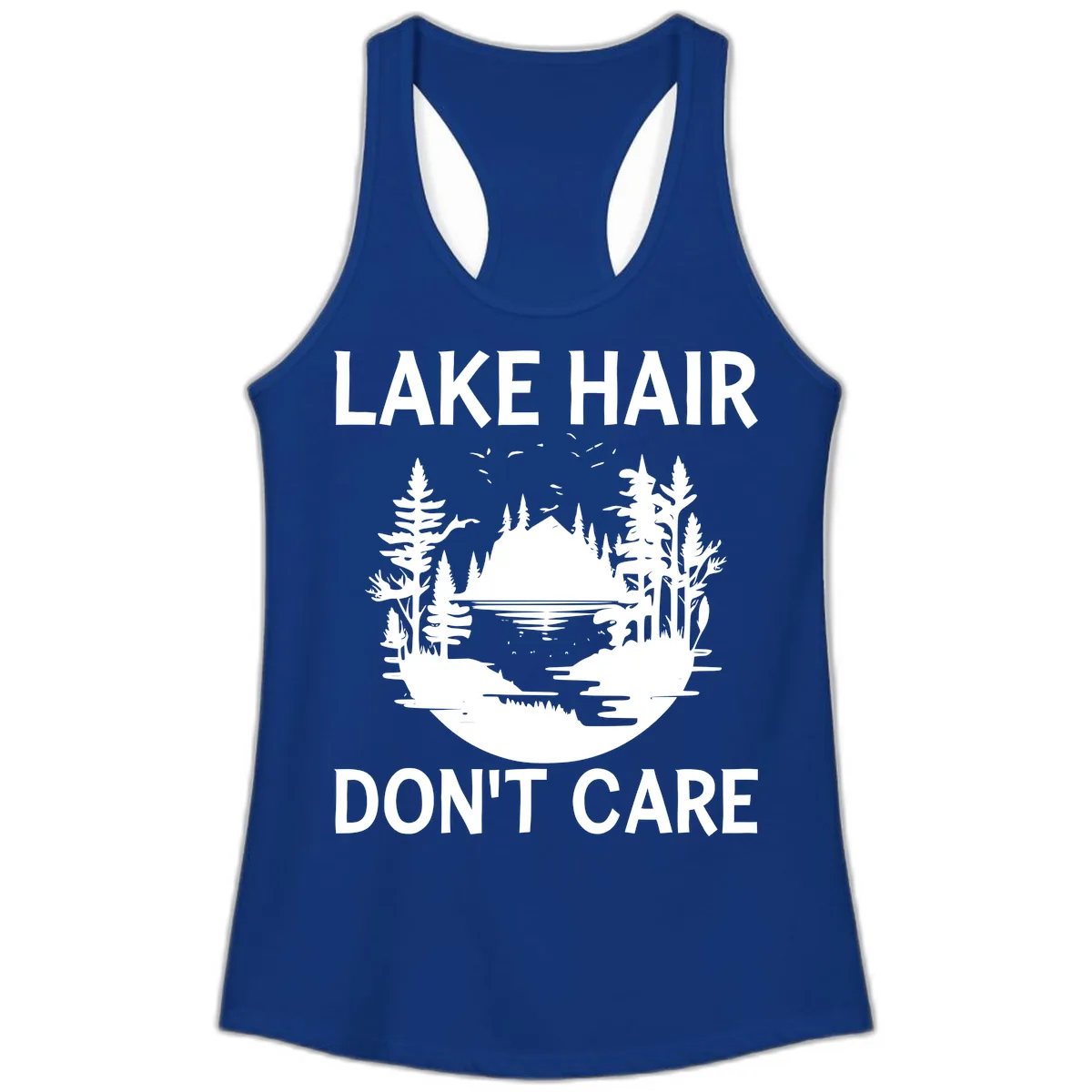 Lake Hair Don't Care Nature Scene Ladies Tank in Solid Royal
