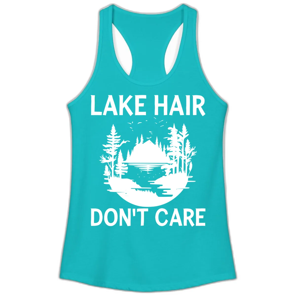 Lake Hair Don't Care Nature Scene Ladies Tank in Tahiti Blue