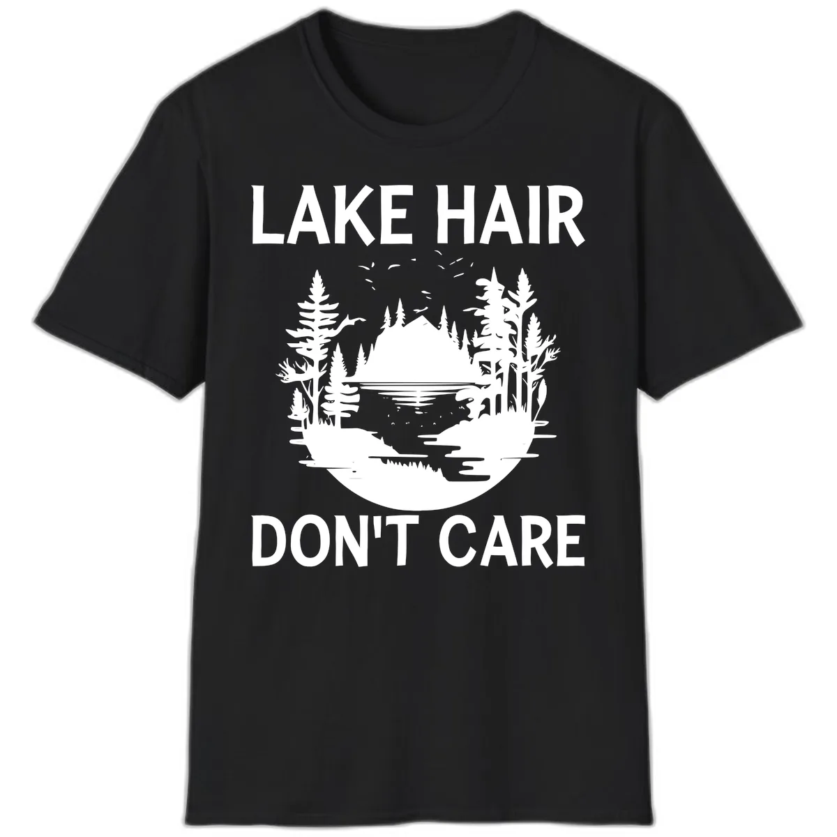 Lake Hair Don't Care Nature Scene T-Shirt in Black