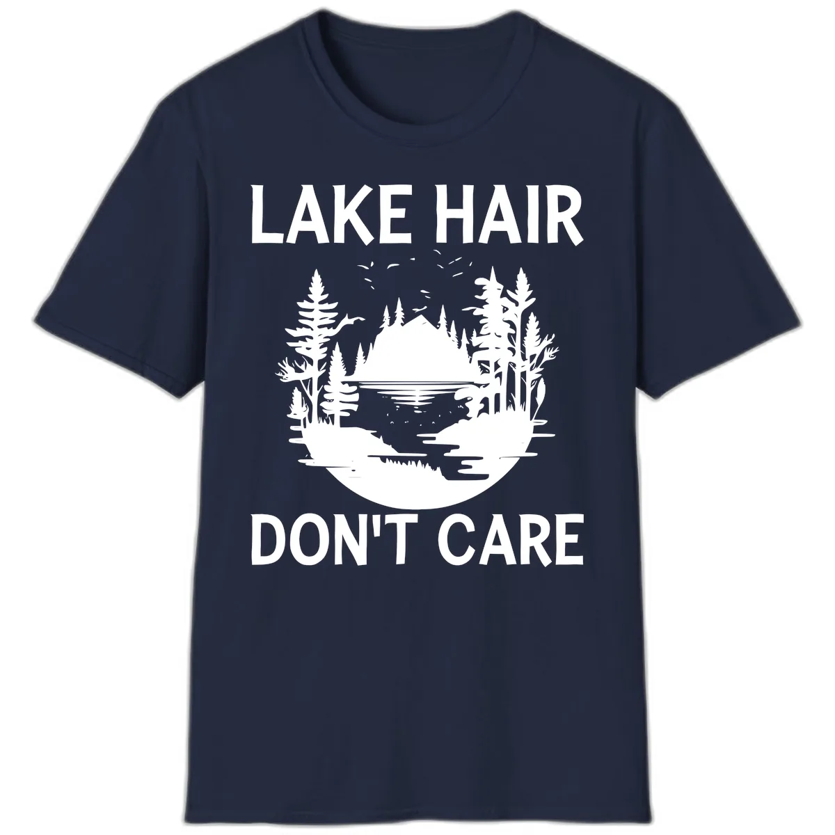 Lake Hair Don't Care Nature Scene T-Shirt in Navy
