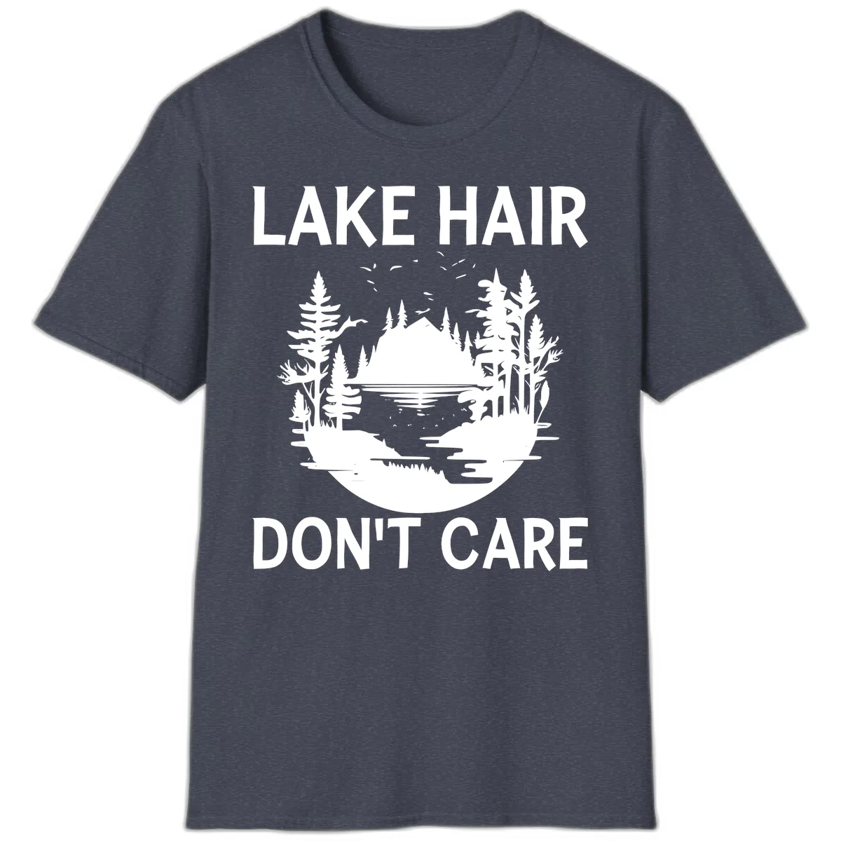 Lake Hair Don't Care Nature Scene T-Shirt in Heather Navy