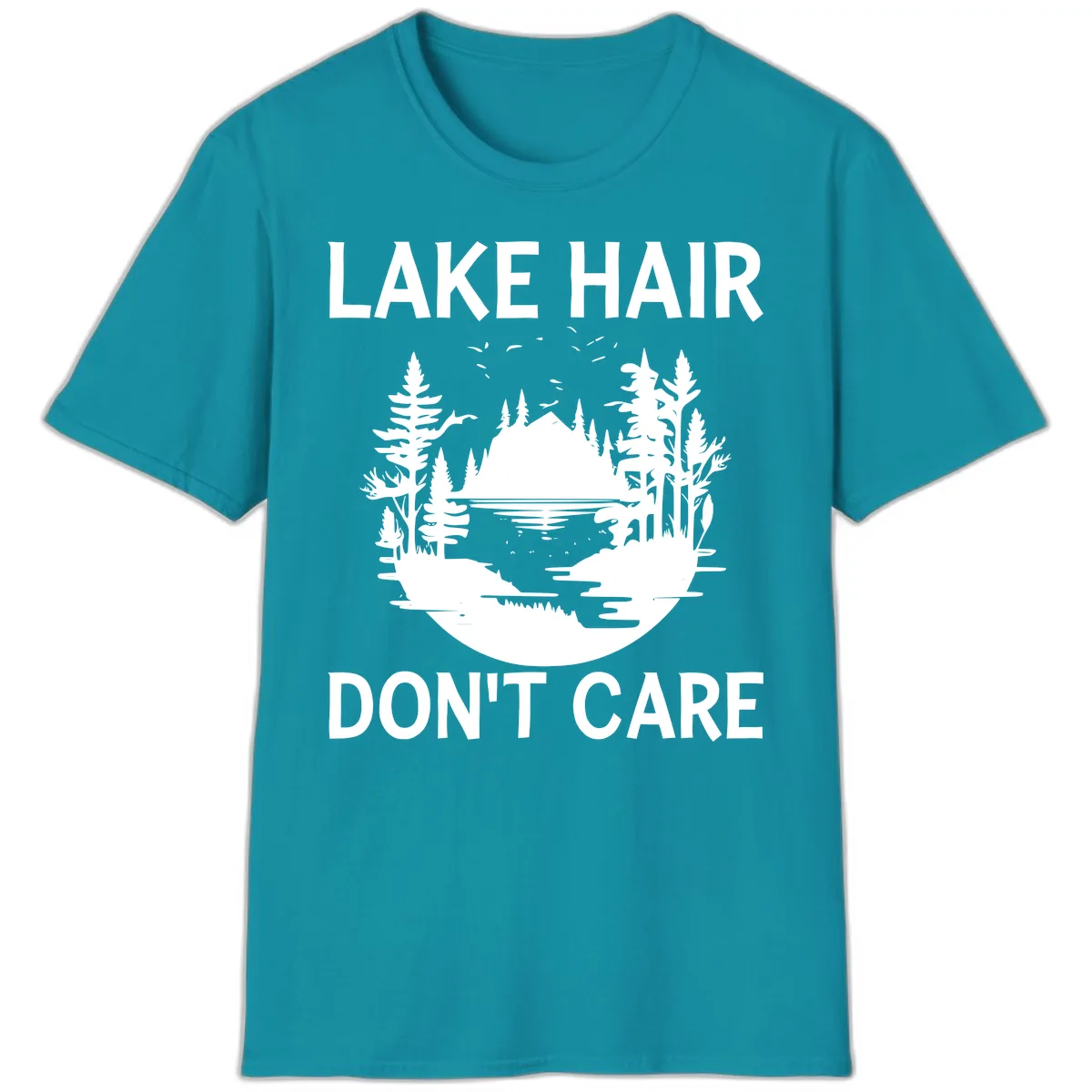 Lake Hair Don't Care Nature Scene T-Shirt in Tropical Blue
