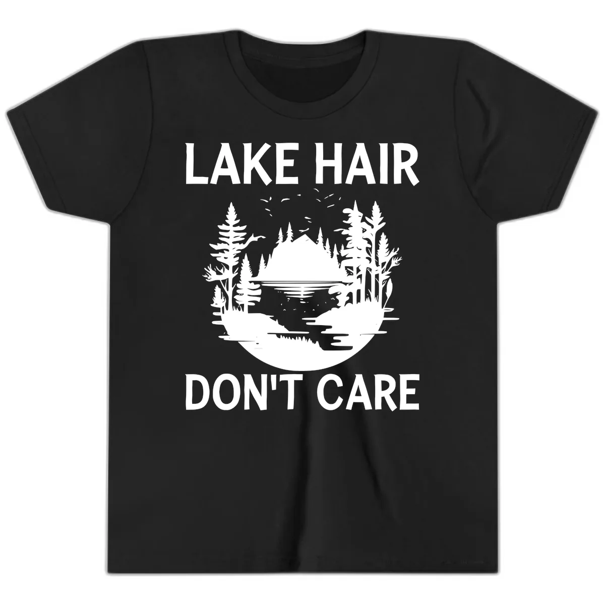 Lake Hair Don't Care Nature Scene Youth T-Shirt in Black