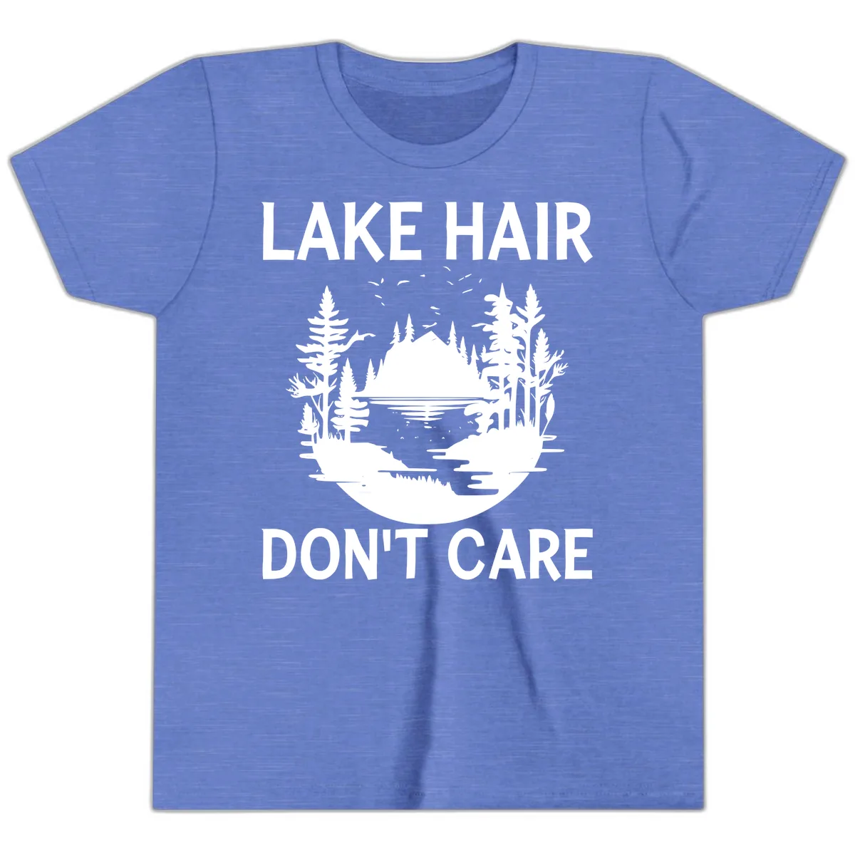 Lake Hair Don't Care Nature Scene Youth T-Shirt in Heather Columbia Blue
