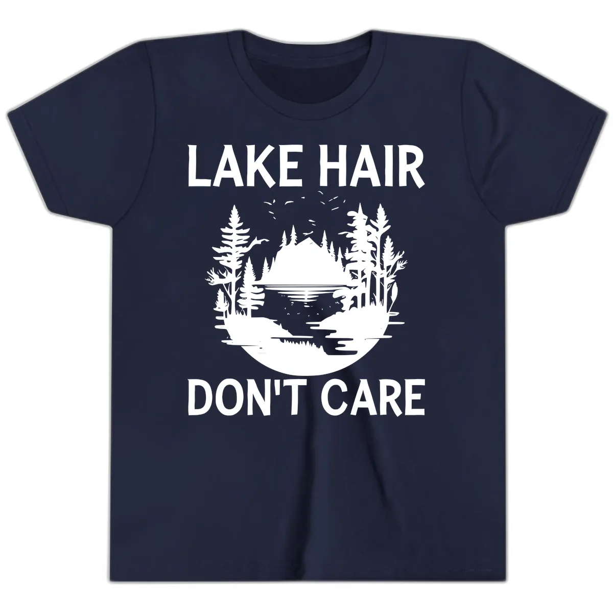 Lake Hair Don't Care Nature Scene Youth T-Shirt in Navy