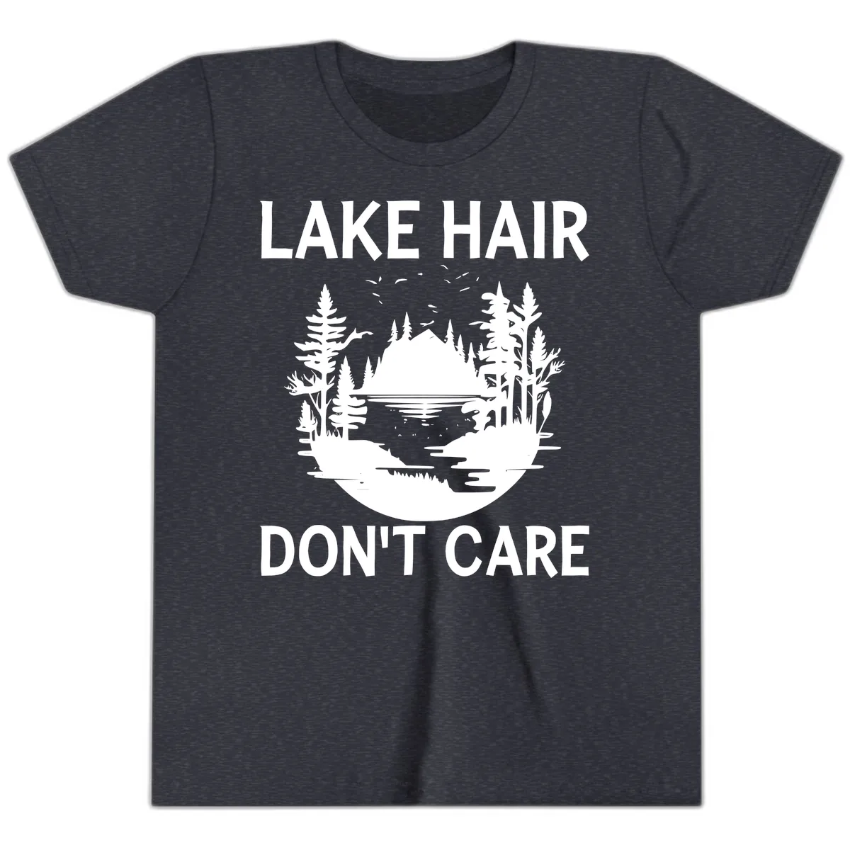 Lake Hair Don't Care Nature Scene Youth T-Shirt in Heather Navy