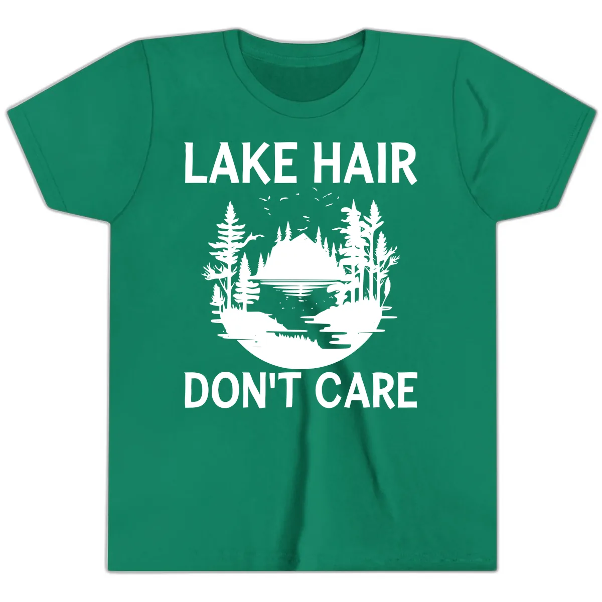 Lake Hair Don't Care Nature Scene Youth T-Shirt in Kelly