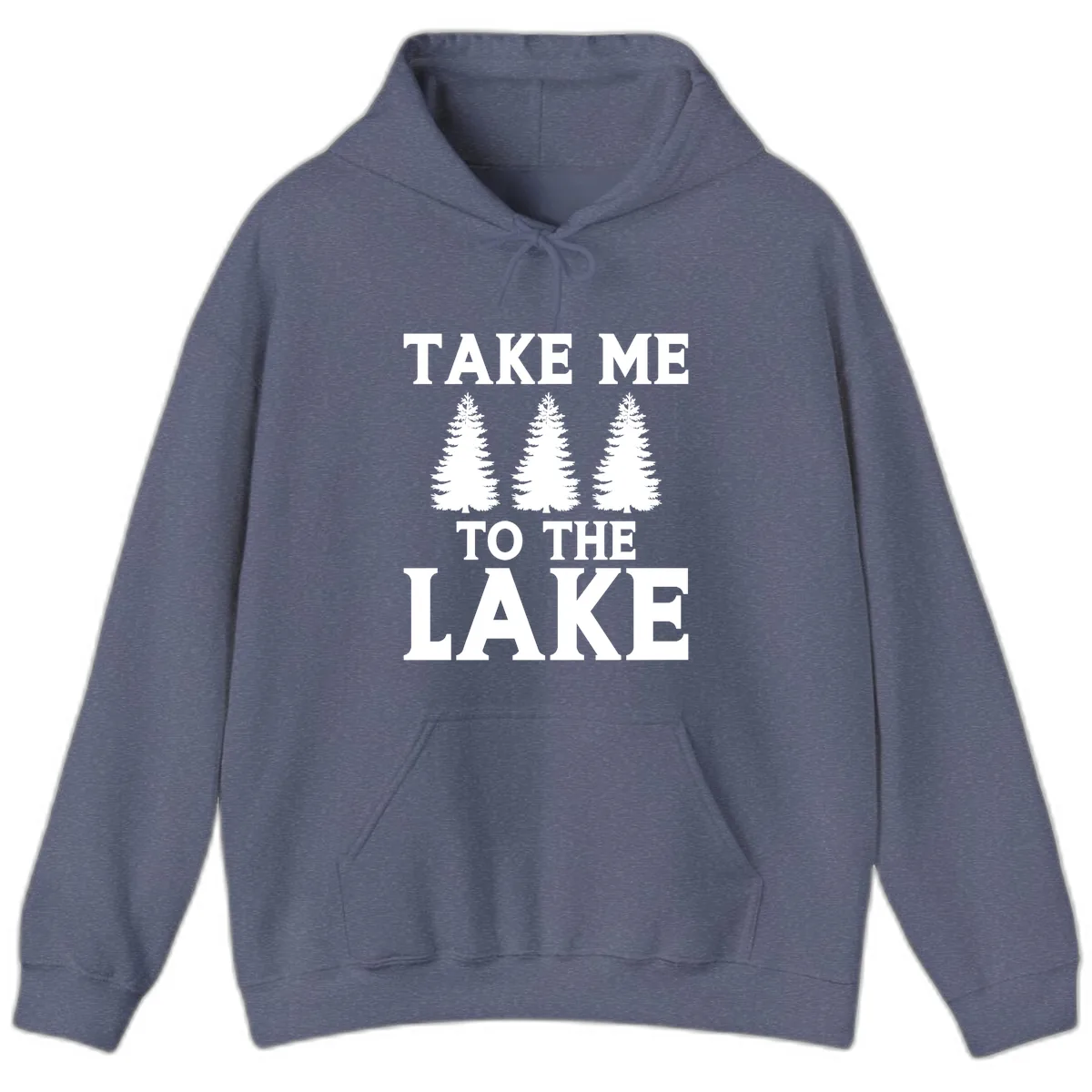 Take Me To The Lake Trees Design Hoodie in Heather Navy