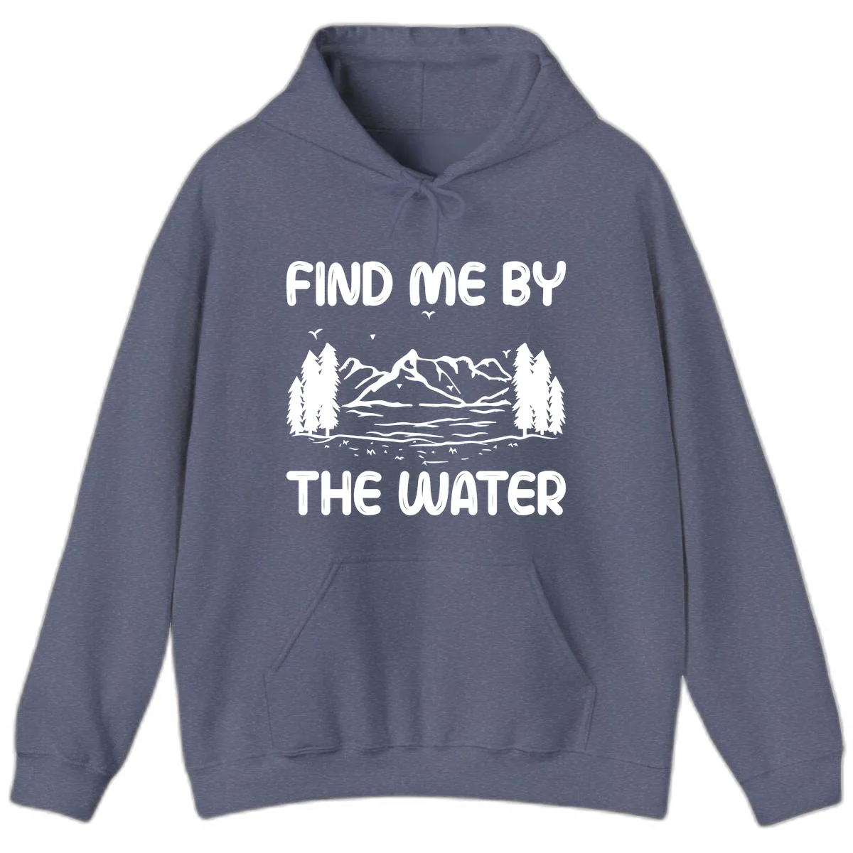 Find Me By The Water Mountain Design Hoodie in Heather Navy