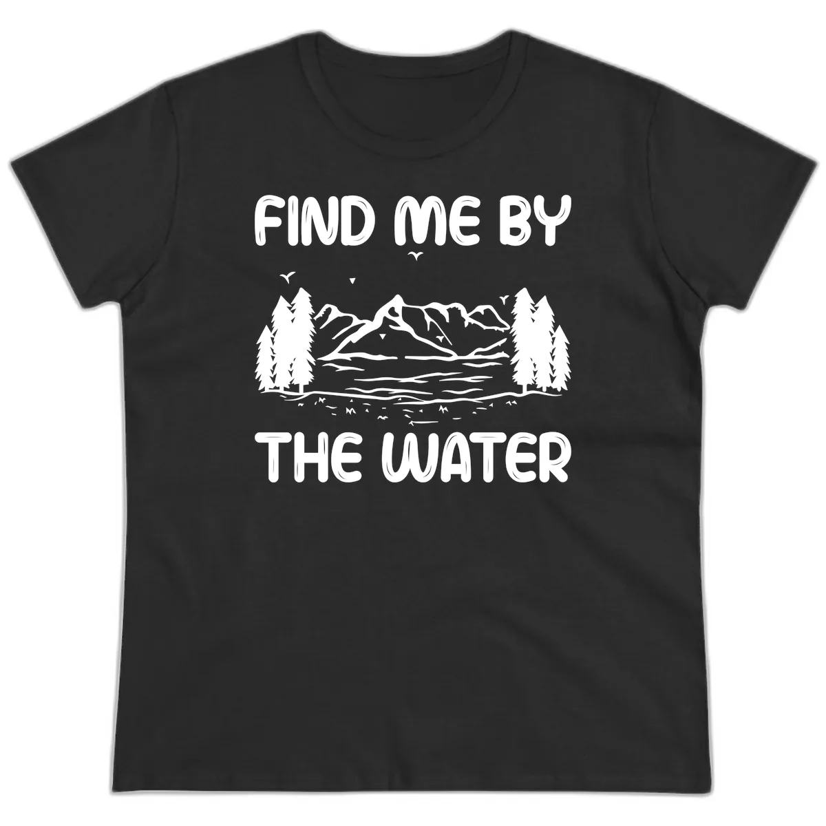 Find Me By The Water Mountain Design Ladies Tee in Black