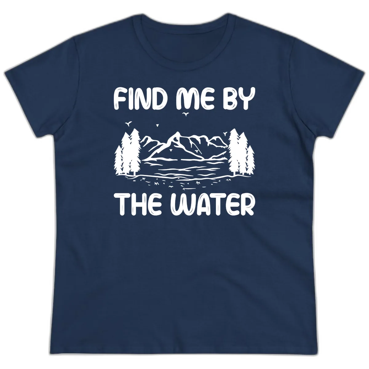 Find Me By The Water Mountain Design Ladies Tee in Navy