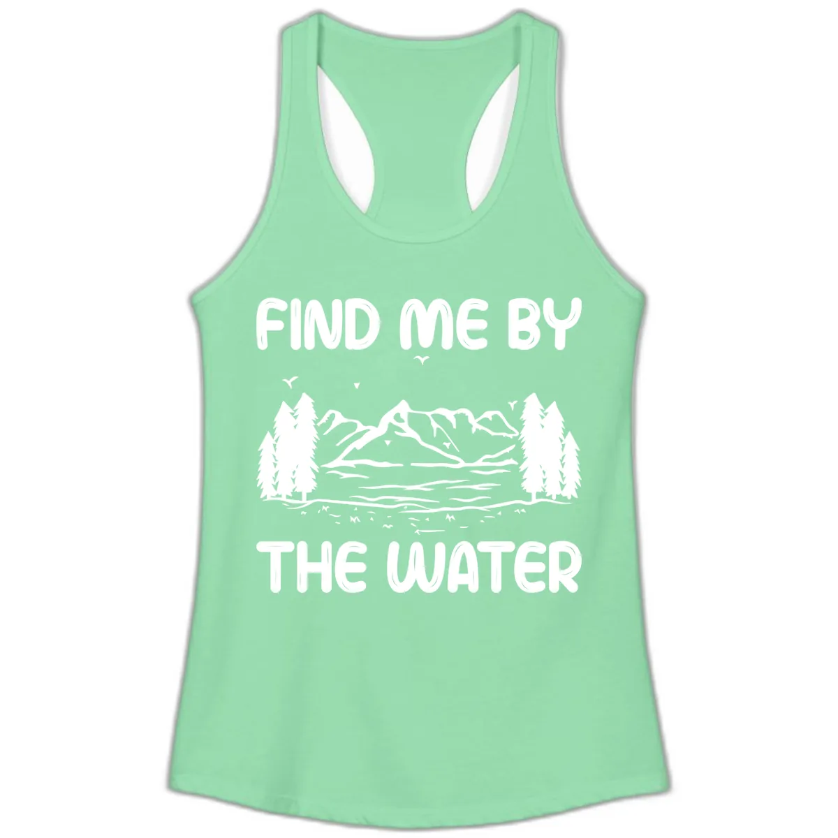 Find Me By The Water Mountain Design Ladies Tank in Solid Mint