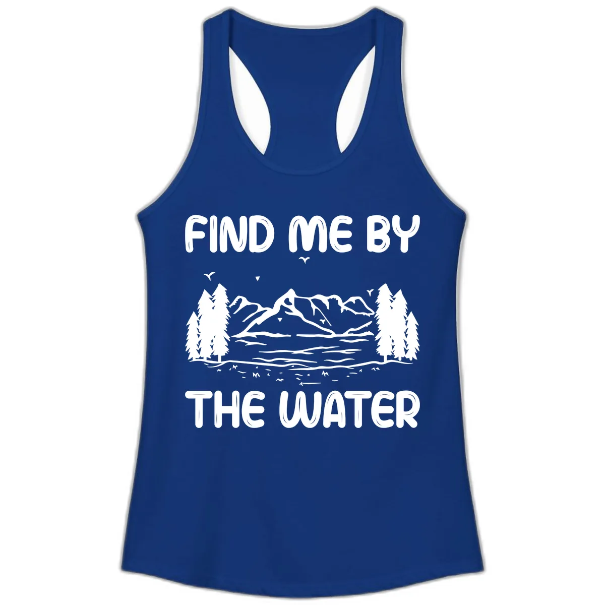 Find Me By The Water Mountain Design Ladies Tank in Solid Royal